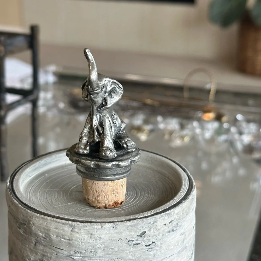 Pewter Cork wine bottle stopper. Elephant with trunk up for good luck